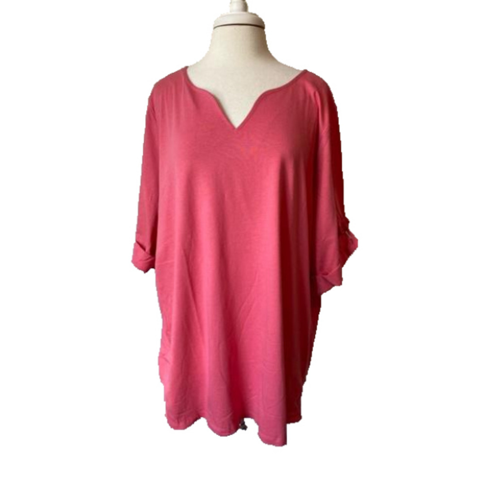 Woman Within NWOT Cottagecore Split Neck Elbow‎ Roll Tab Button Pink Tunic 2X
